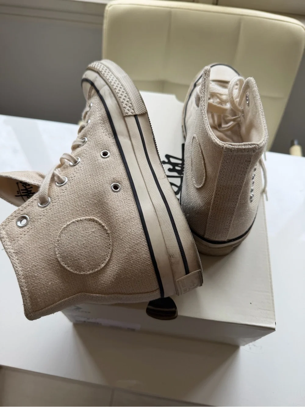 Converse High Top Sneakers in Cream with Black Trim and Rhinestone Star